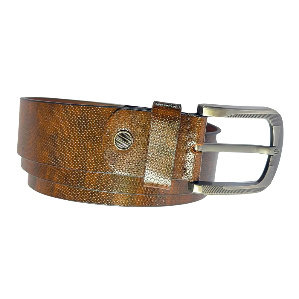 Men's Tan Brown Textured Leather Belt with Metal Pin Buckle, Casual and Formal Style