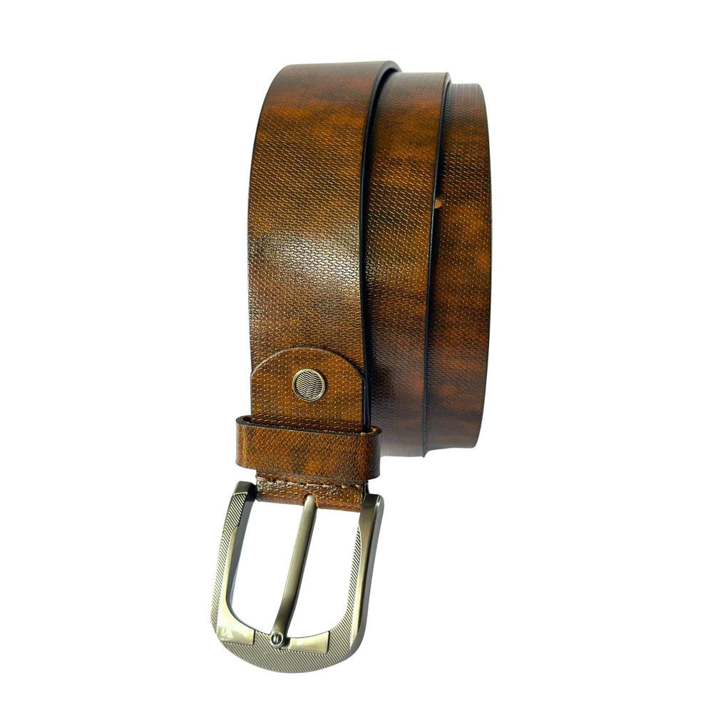 Men's Tan Brown Textured Leather Belt with Metal Pin Buckle, Casual and Formal Style