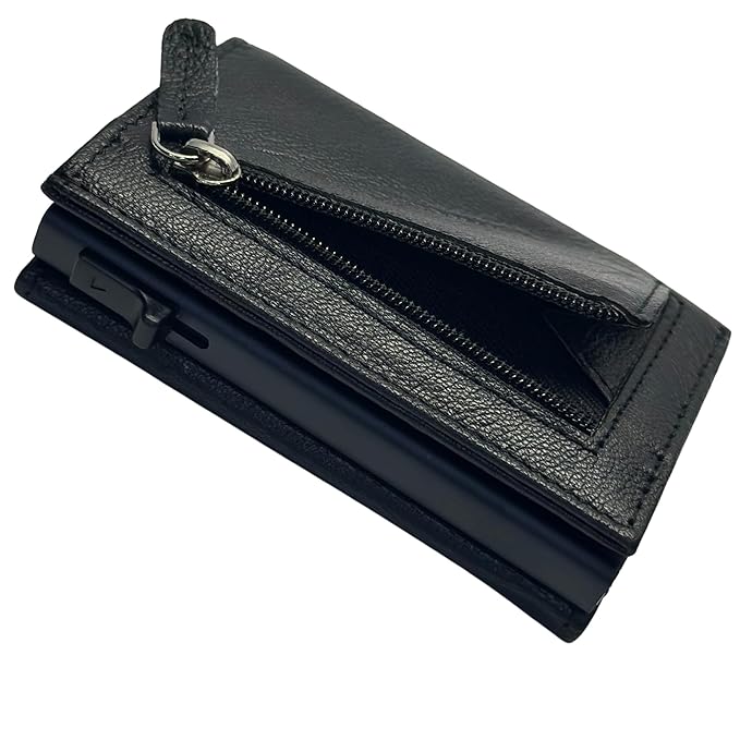 Premium Men’s Genuine Leather Trifold Wallet – RFID Blocking, Pop-Up Card Holder & Coin Zipper | Black & Cherry Brown (Leather, Black)