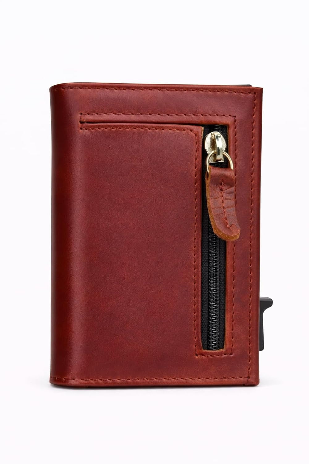 Premium Men’s Original Leather Trifold Wallet – RFID Blocking, Pop-Up Card Holder & Coin Zipper – Cherry Brown